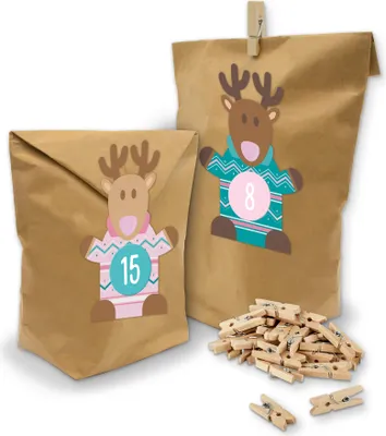 Produktbild von SET Adventskalender Rentierbande 24x Tüten + Klammern + Sticker Bande + Z42