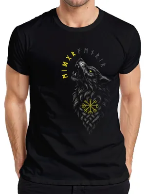 Obrázek produktu pro Viking Wolf Vegvisir Nordic Runes Compass Mythology Fenrir Pánské tričko, černá, 3XL