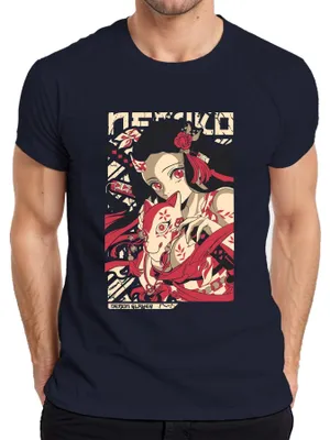 Zdjęcie produktu dla Demon Slayer Nezuko Kitsune Mask Anime Gift Japan Y2K Streetwear Manga Koszulka męska, granatowy, L