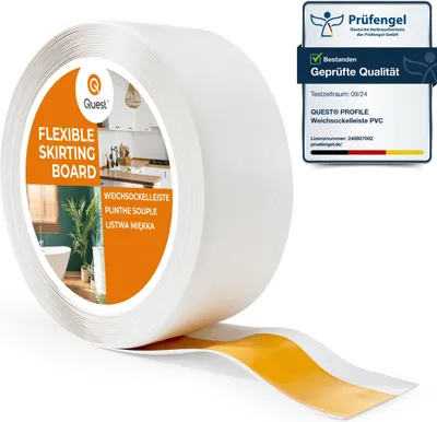 Obrázok produktu pre QUEST Mäkká samolepiaca lišta 50x20 mm, flexibilné obloženie stien pre kuchyňu a kúpeľňu, PVC lišta, tesniaca páska, biela, 25m