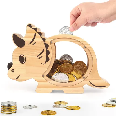 Produktbild von Holzsparschwein für Kinder, personalisiertes Sparschwein für Jungen und Mädchen, dickes, tierförmiges Sparschwein für Münzen und Scheine, mit selbstklebenden Aufklebern, für Geburtstage und Feiertage, Drache