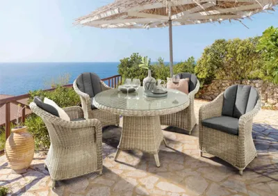 Zdjęcie produktu dla Grupa wypoczynkowa Destiny MALAGA LUNA 4 fotele + stolik Ø100x75 cm, naturalny cętkowany