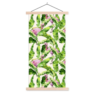 Produktbild von MuchoWow® Textilposter Flamingo - Blätter - Muster 40x80 cm mit holzfarbenen Rahmen - Wohnzimmer