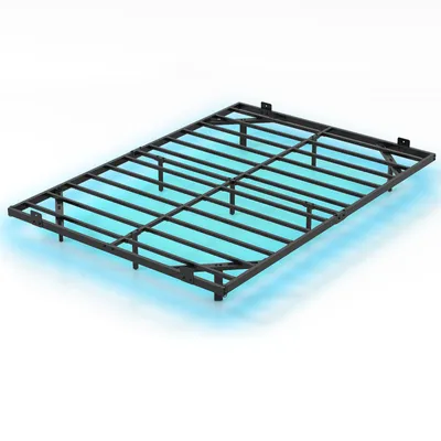 A black metal bed frame is shown from a diagonal angle against a light blue and white background.