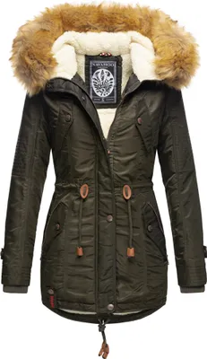 Navahoo La Viva Eleganter Damen Winter Parka mit Kapuze und Kunstpelzbesatz Wintermantel Vegan Grün Gr. 38 - M