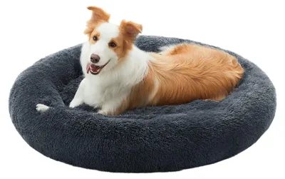 Image de Lit pour chien Feandrea, moelleux, lavable, en peluche longue, diamètre 90 cm – Taille L, 90 x 90 x 20 cm, couleur gris foncé