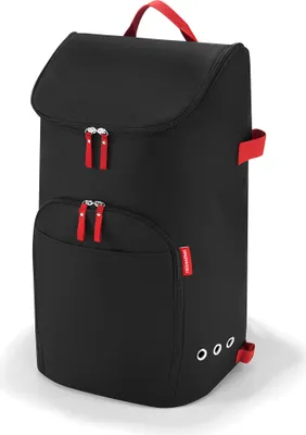 A black backpack with red accents against a white background.