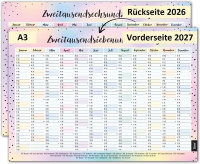 Produktbild von Wandkalender DIN A3, 2026 und 2027, für Büro, doppelseitig, 12 Monate, farbige Motive