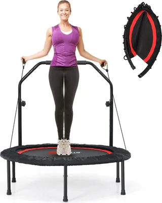 Produktbild von COSTWAY 101cm Fitmess Trampolin mit höhenverstellbarm Haltegriff & 2 Widerstandsbändern, Kindertrampolin faltbar, Gartentrampolin bis 150kg