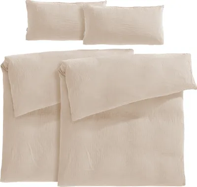 Produktbild von Pure Label Musselin Bettwäsche 155x220 4 teilig bestehend aus Bettbezug 155 x 220 cm 2er Set + Kissenbezug 40x80 cm 2er Set aus Baumwolle in beige