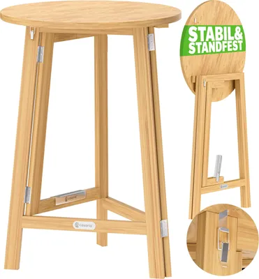 A wooden folding bar table shown from the front and a folded view from the side.