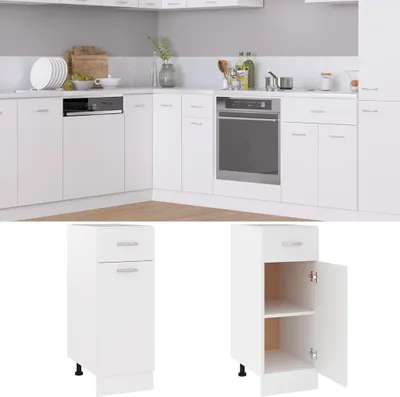 A white kitchen cabinet unit with drawers and a door, shown in a studio setting.