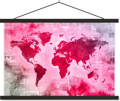 Produktbild von MuchoWow® Textilposter Weltkarte - Rot - Zeitung 60x40 cm mit schwarzem Rahmen - Hölzernes