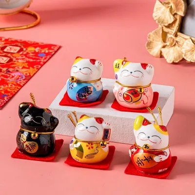 5 Mini Maneki-Neko Glückskatzen, Keramik, 40 x 35 mm, Kawaii Deko
