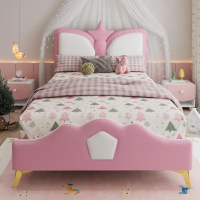 A child's bedroom with a pink and white butterfly-themed bed.