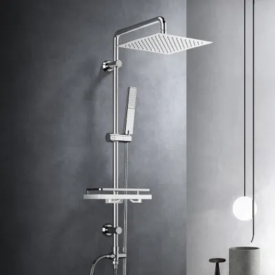 Produktbild von JOHO Regendusche Duschsystem ohne Duscharmatur, Duschstangeset Duschset mit Ablage Kopfbrause 25*25cm Chrom