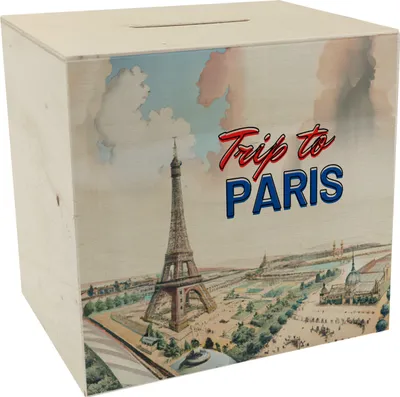Produktbild von Trip to Paris Spardose aus Holz mit Eiffelturm im Retro Style