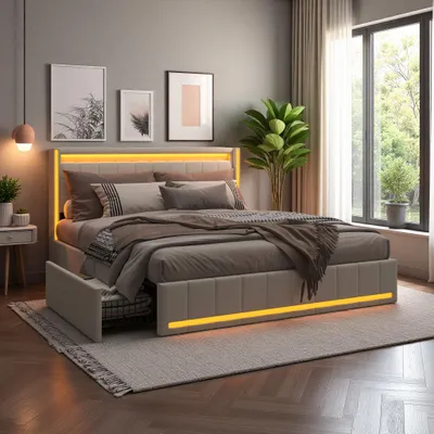 Immagine prodotto di Letto INONEFT, dimensioni 160x200 cm, con spazio contenitore, 4 cassetti, imbottito, con illuminazione LED, prese USB e di tipo-C, rivestito in lino, colore beige, senza materasso