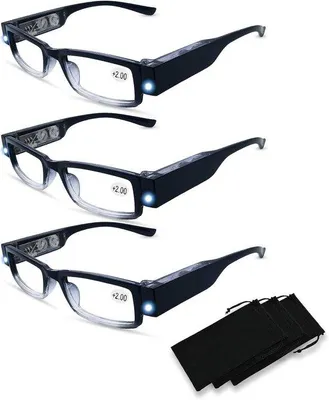 Immagine prodotto di Set di 3 occhiali da lettura con luce LED integrata e lente d'ingrandimento – per uomo e donna – visione nitida durante la lettura