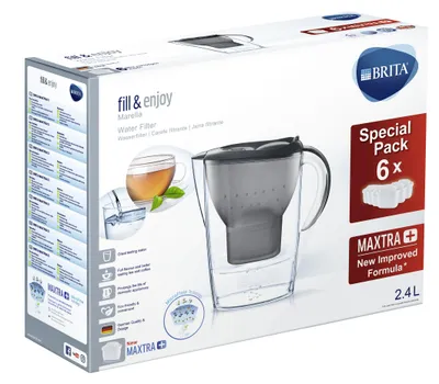 Produktbild von BRITA Wasserfilter Marella im Vorratspack mit 6 x Maxtra Kartuschen, Farbe Graphit