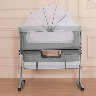 Produktbild von Beistellbett mit matratze,Babywiege Stubenwagen Reisebett Kinderbett Höhenverstellbar 92x58x70-90cm Grau