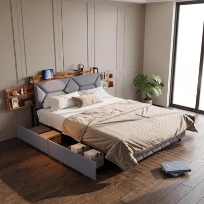 Produktbild von INONEFT Polsterbett 160 x 200 cm, Doppelbett mit 4 Schubladen und Lattenrost, Erwachsenenbett mit USB und Stauraum im Kopfteil, Leinen, Grau