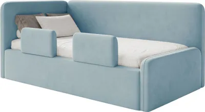 Produktbild von Selsey Fanko – Kinderbett 90x200 cm mit Rausfallschutz, Matratze, Kopfteil links, Samt, Hellblau