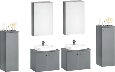 Produktbild von Badezimmermöbel-Set Spiegelschrank Waschtisch Schrank halbhoch grau V-90.59-01Doppel Set ohne Füße