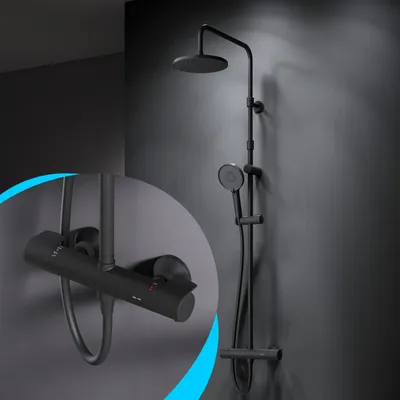 Produktbild von AM.PM Duschsystem Schwarz mit Thermostat 38℃ Regendusche Edelstahl Duscharmatur Set, Duschsäule Regendusche, inkl. verstellbar Duschstange F07XA422