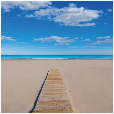 Produktbild von Wallario Premium Glasbild, freischwebende Optik, kräftige Farben, Größe 30 x 30 cm Motiv Auf dem Holzweg zum blauen Meer