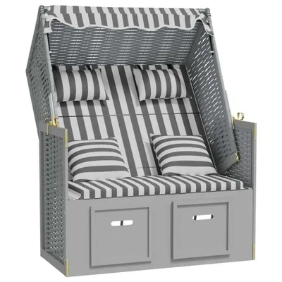 Produktbild von Strandkorb mit Kissen Poly Rattan und Massivholz Grau & Weiß