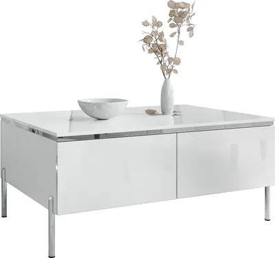 A white coffee table with chrome legs, a bowl, and a vase with decorative branches.