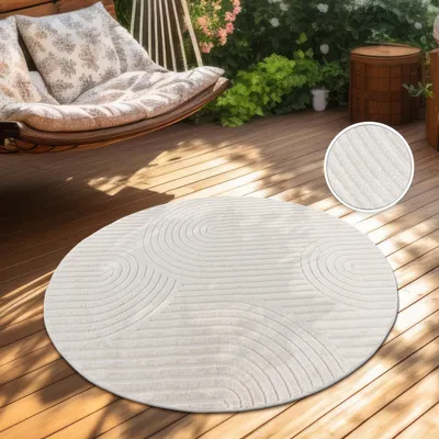 Image de Tapis d'extérieur Résistant aux intempéries Salon Balcon Boho Skandi Design Arc-en-ciel Crème Taille 160 cm Rond