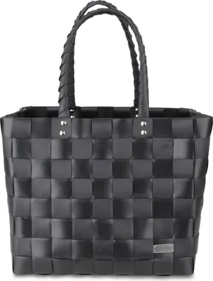 A black woven tote bag with two handles is shown against a white background.