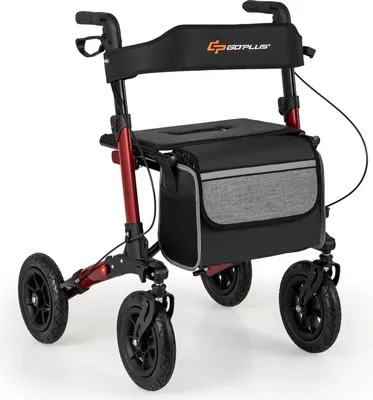 Produktbild von GOPLUS Rollator faltbar und leicht mit Sitz, leichtgewicht Reiserollator Aluminium 7-fach höhenverstellbar, Einkaufstasche, Rot
