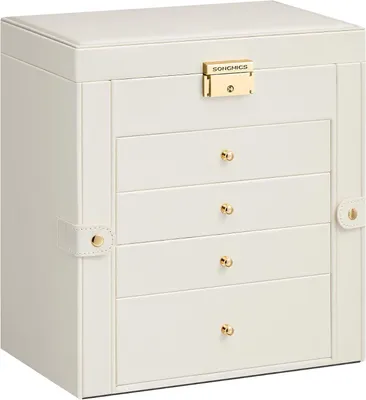 Productafbeelding van Sieradenkistje met 4 lades - Met spiegel en slot - Juwelenkist 26,2 x 15 x 11 cm - MDF met Polyurethanen fluweel