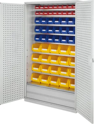 Produktbild von Magazinschrank - 61 Sichtlagerkästen - Lochplattentüren - 2 Schubladen - 9 Böden - 1.950 x 1.130 x 590 mm (HxBxT) - lichtgrau