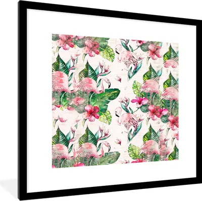 Produktbild von MuchoWow® MuchoWow® Gerahmtes Poster Flamingo - Blumen - Blätter - Zeitungspapier 40x40 cm - Poster mit zchwarzem Bilderrahmen - Poster - Plakat im Rahmen
