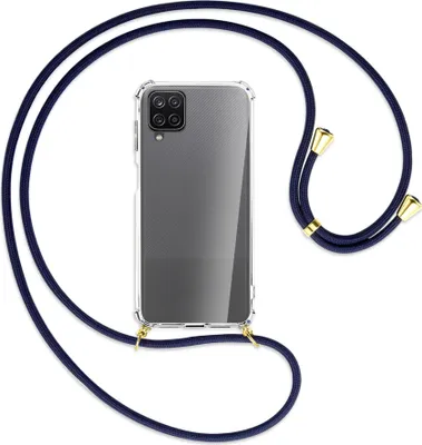 Produktbild von Handykette Backcover-Schutzhülle mit Band (Metall goldfarben) für Samsung Galaxy A12 - dunkelblau