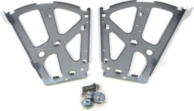 Two metal shelf brackets and a bag of screws are laid out on a white background.