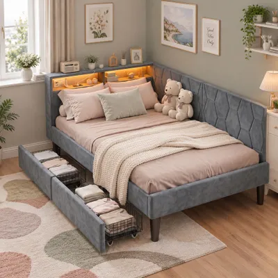 Imagen del producto de Cama tapizada INONEFT de 90x200 cm, cama juvenil con iluminación LED y puerto USB-C, y espacio de almacenamiento en la cabecera. Cama individual con 2 cajones, estructura de cama con somier, tapizada en terciopelo, color gris