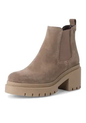 A single beige suede Chelsea boot with a chunky lug sole and block heel is shown against a white background.