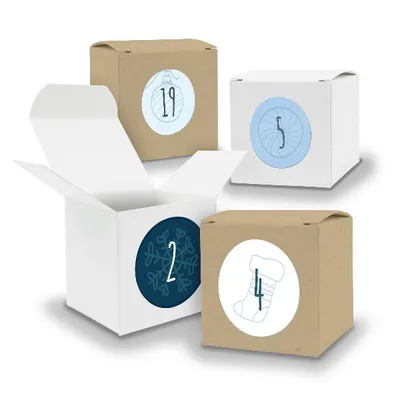 Produktbild von Adventskalender zum Füllen 24x Würfel 6,5cm gemischt WEISS BRAUN + Sticker V06 Z12