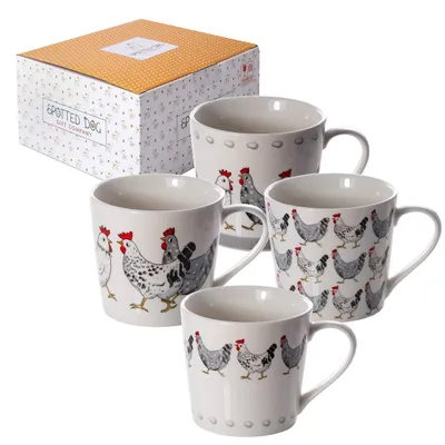 Kaffeebecher Set von 4 – 380ml Keramikbecher mit Hühnermotiv