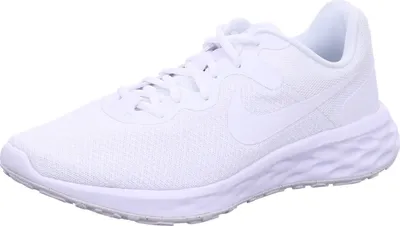 A white Nike Revolution 6 Next Nature running shoe is shown from a side angle against a white background.
