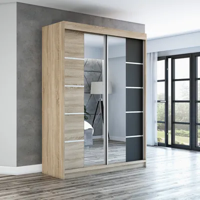Produktbild von Schwebetürenschrank, 2-türig Schrank ERA 160 cm (mit Spiegel) (Sonoma / sonoma / schwarz)