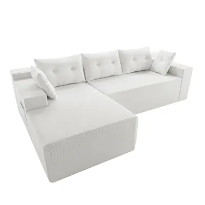 Produktbild von GLP Modulares Ecksofa 256 cm aus Cord, 4-Sitzer mit Chaiselongue links, Taschenfederkern, 5 Kissen, Seitentaschen, vakuumverpackt & montagefrei