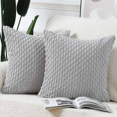 Immagine prodotto di Set di 2 federe decorative, stile bohémien, a righe, in morbido cotone, colore grigio chiaro, 40 x 40 cm
