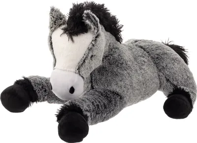 A plush toy horse lying down on a white background.