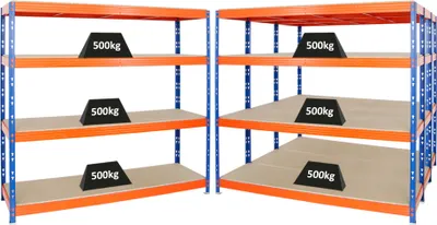 Produktbild von Mega Deal | 4x Profi Schwerlastregal Rhino | HxBxT 180x200x60cm | 4 Spanplatten-Ebenen 16mm | Fachlast 500kg | Blau-Orange